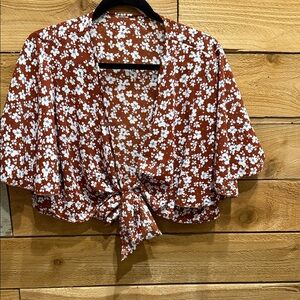 SHEIN Floral Tie-Front Blouse - Rust and White
